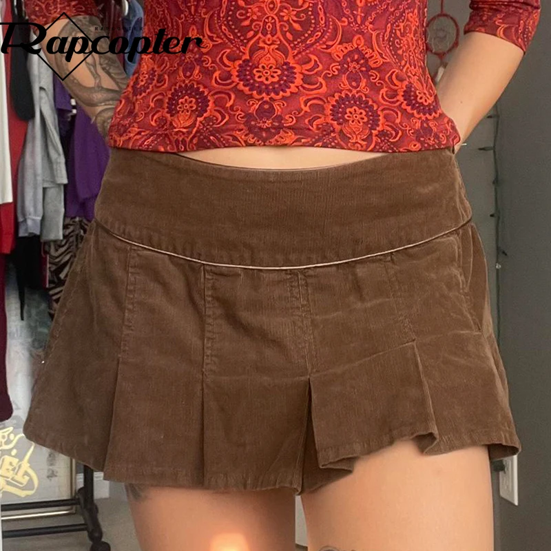 

Rapcopter y2k Cordroy Pleated Skirts Women Vintage Brown Mini Skirts Prepply Casual Harajuku Korean Skirts Basic Sporty Clothes