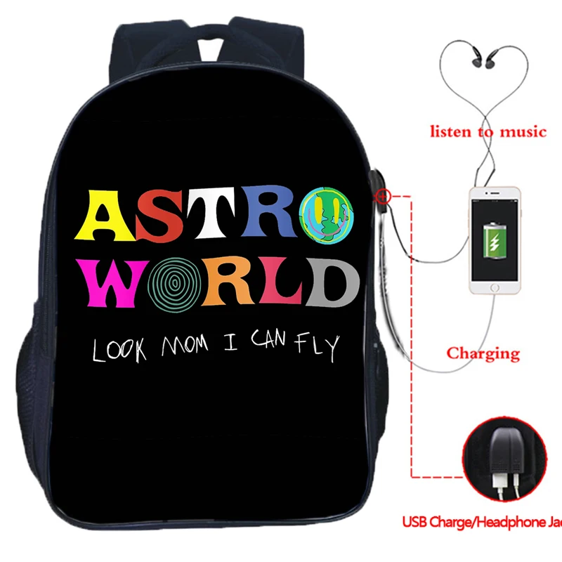 Мужской рюкзак с USB принтом Travis Scotts ASTROWORLD школьный зарядкой для