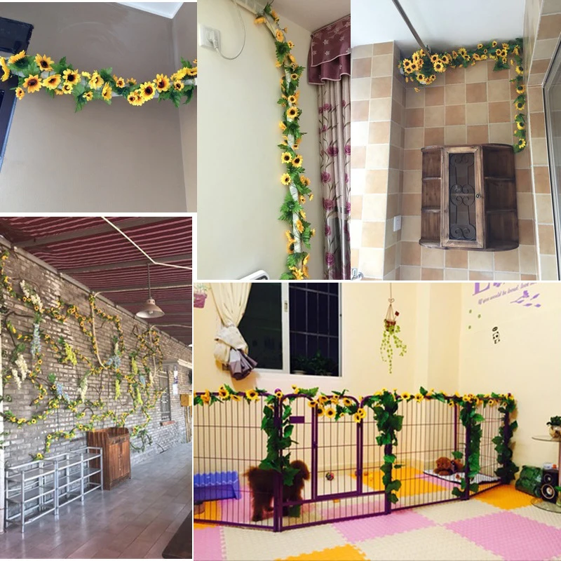 

240cm Fake Silk Sunflower Ivy Vine Artificial Flowers with Green Leaves Hanging Garland Garden Fences Home Wedding Decoration