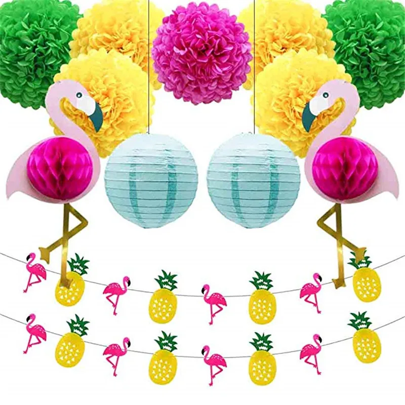 Yellow pink flamingo Тропический Розовый фламинго вечерние вафельная ткань декоративная ткань бумажный веер в виде цветка Бумага фонари для Гавайский Летний пляж Луау Вечерние - Цвет: Yellow pink flamingo
