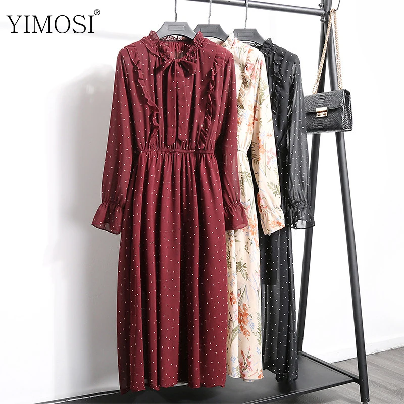 Корейские платья в горошек с длинным рукавом 2020 осенние женские винтажные