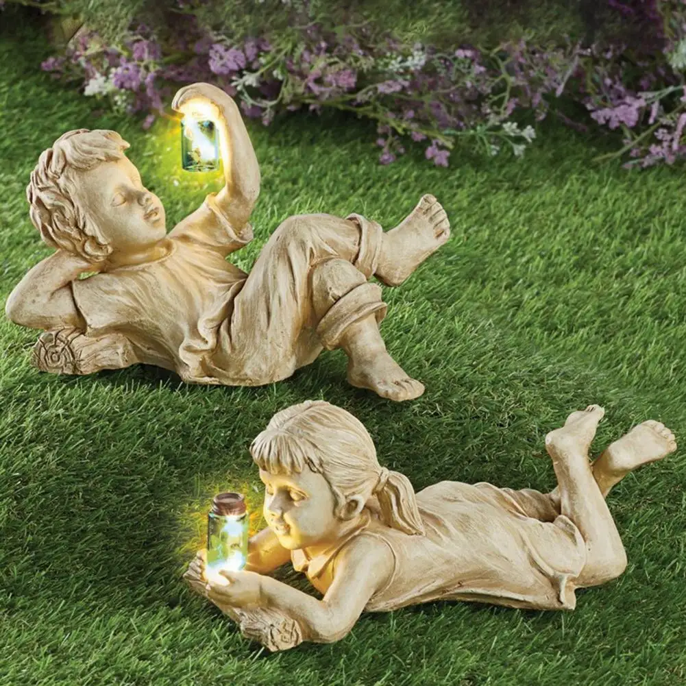 

50% Hot Sales!!! Garden Sculpture Solar Lighted Kid Design Resin Vintage Boy Girl Statue for Patio