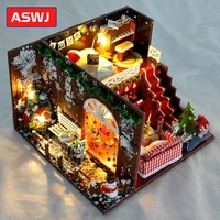 ansheng diy miniature dollhouse furniture christmas carnival night wooden dolls house with led light kits gift toys for children