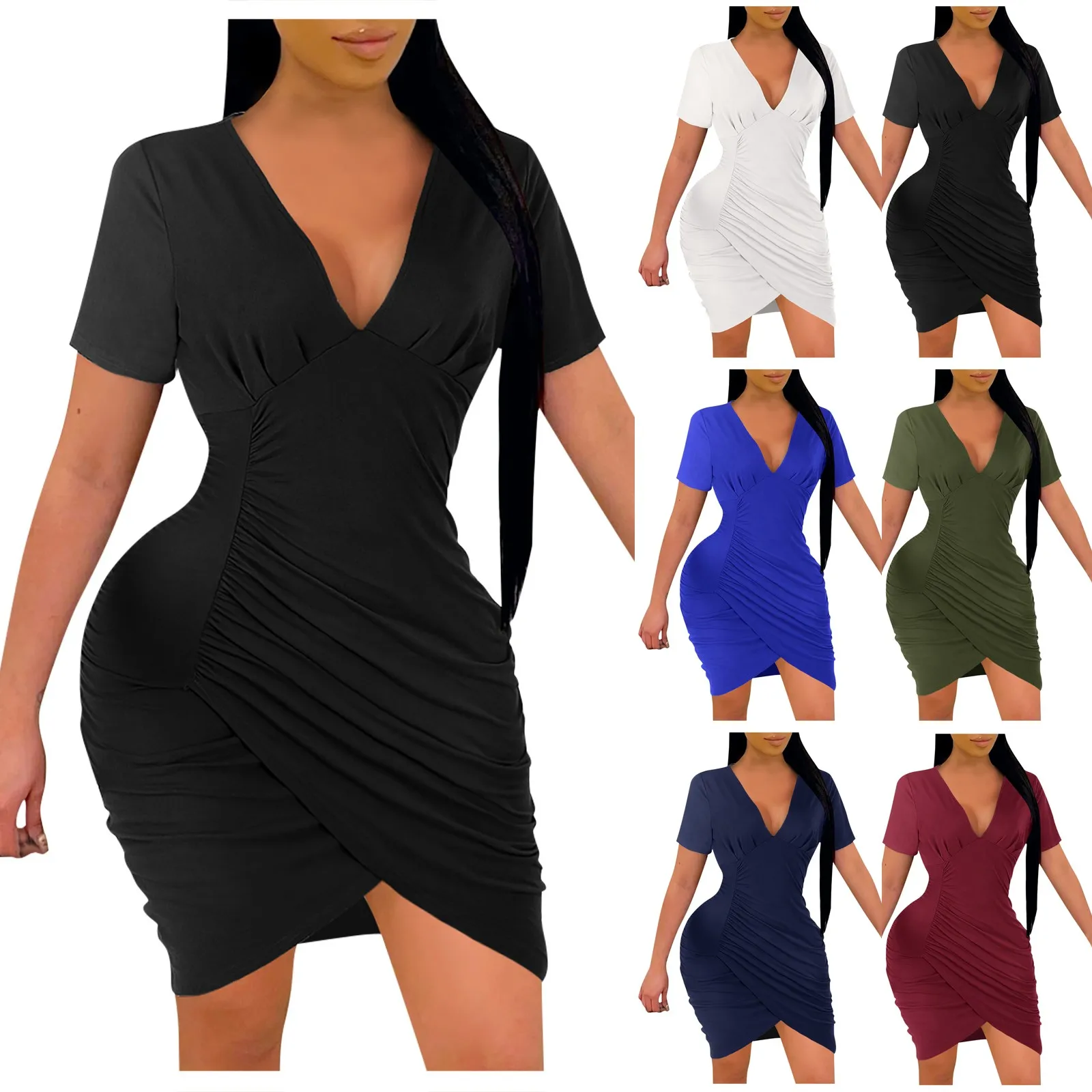 

Summer Dress 2021 Women Sexy Casual Sheath Mini Dresses Ladies Solid V Neck Chest Button Short Sleeve Bodycon Dress