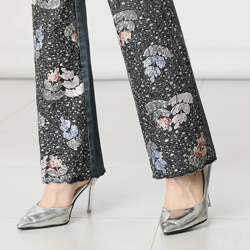 

FERZIGE 2021 N Sequin Embroidery Flower Micro-Laden Jeans Flared Pants Women's Cotton Elastic High Waist Plus Size Pants