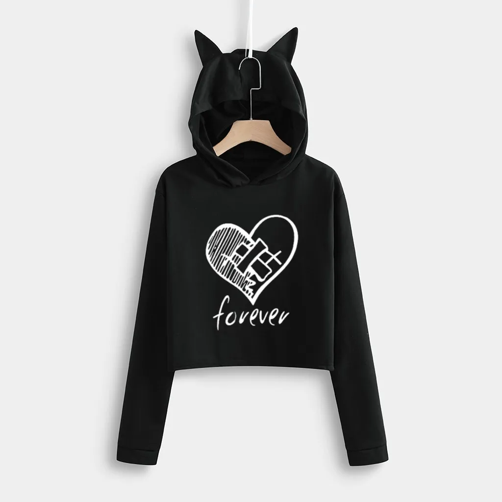 Black B Женские толстовки с капюшоном, укороченный топ с надписью «SALLY FACE» и кошачьими ушками, укороченная Толстовка с длинным рукавом, пуловер с капюшоном, женская уличная одежда - Цвет: Black B