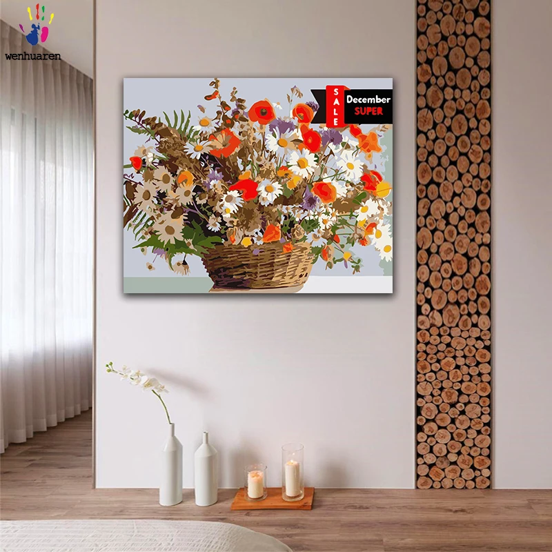 DIY картинки для раскраски по номерам с цветами Подсолнух белая Маргаритка цветок