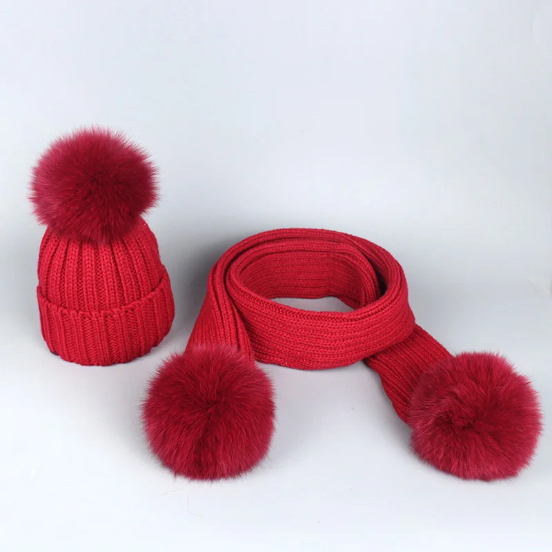 Red-Set Осень-зима, детский, взрослый, леди, помпон из лисьего меха, женская вязаная шапка, шапка, шарф, набор, детский, Soild, вязаный крючком, большой помпон, шапки, s - Цвет: Red-Set