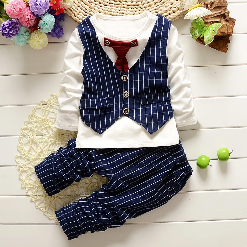 

6 Month Baby Boy Clothes New Korean Gentleman O-neck Long Sleeved T-shirts + Pants 2PCS Infant Outfits Kids Bebes Jogging Suits