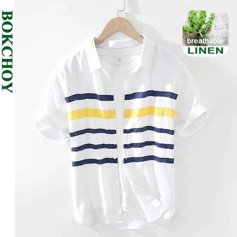 

2021 Summer and Spring New Men Fashion Color Matching Striped Linen Shirt Youth Loose Casual Orkwear White Top GD-2702