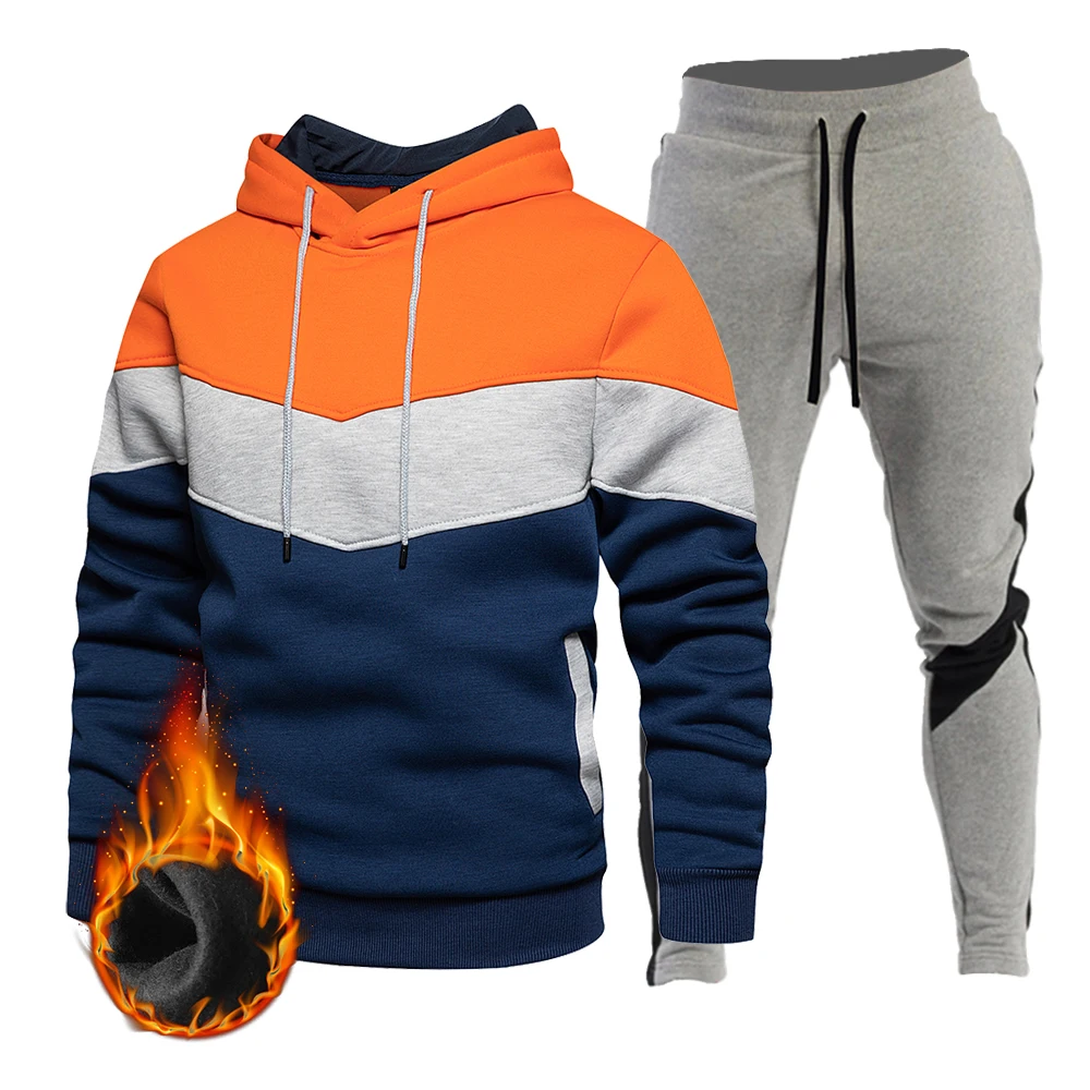 

Men's sports suit autumn and winter blue fashion color matching casual sports clothing stitching hooded sweater two-piece pants