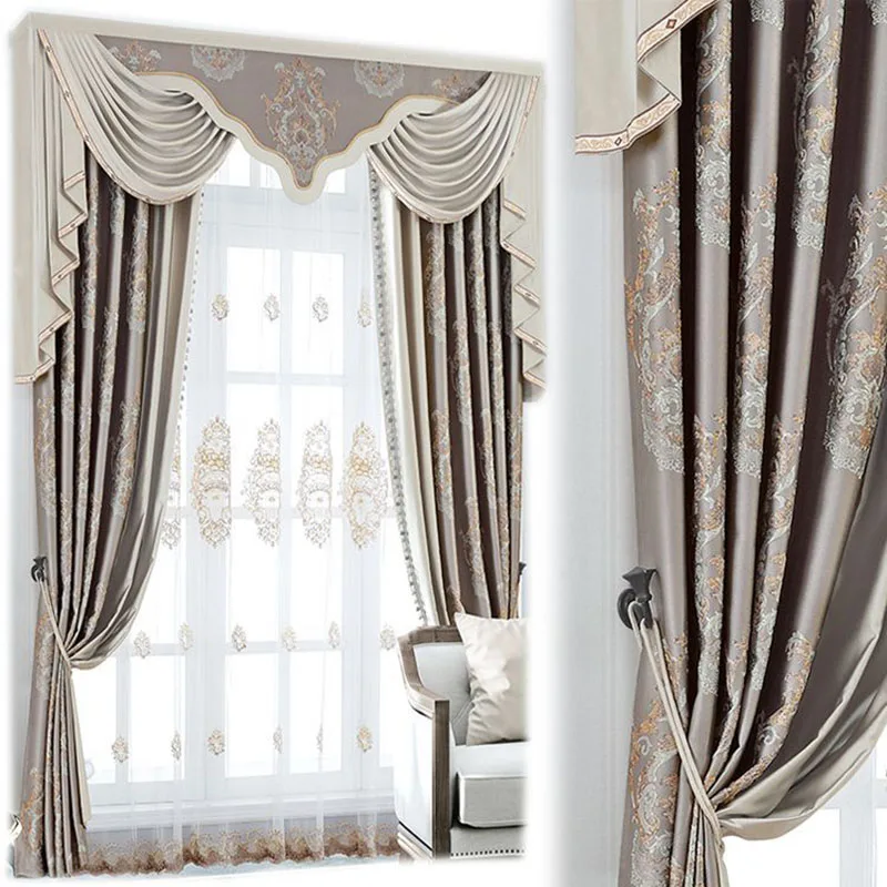 

Custom curtains European luxury bedroom thick German embossed embroidered beige cloth blackout curtain valance tulle panel B944