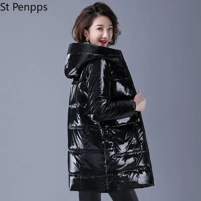 

Black Glossy Hooded Parkas Coat Women's 2021 New Winter Thick Cotton Padded Jacket Windproof Rainproof Warm Loose Outwear Female