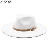 new big edge wool fedora hat women concave bowler top jazz hat with belt felt dress formal hats