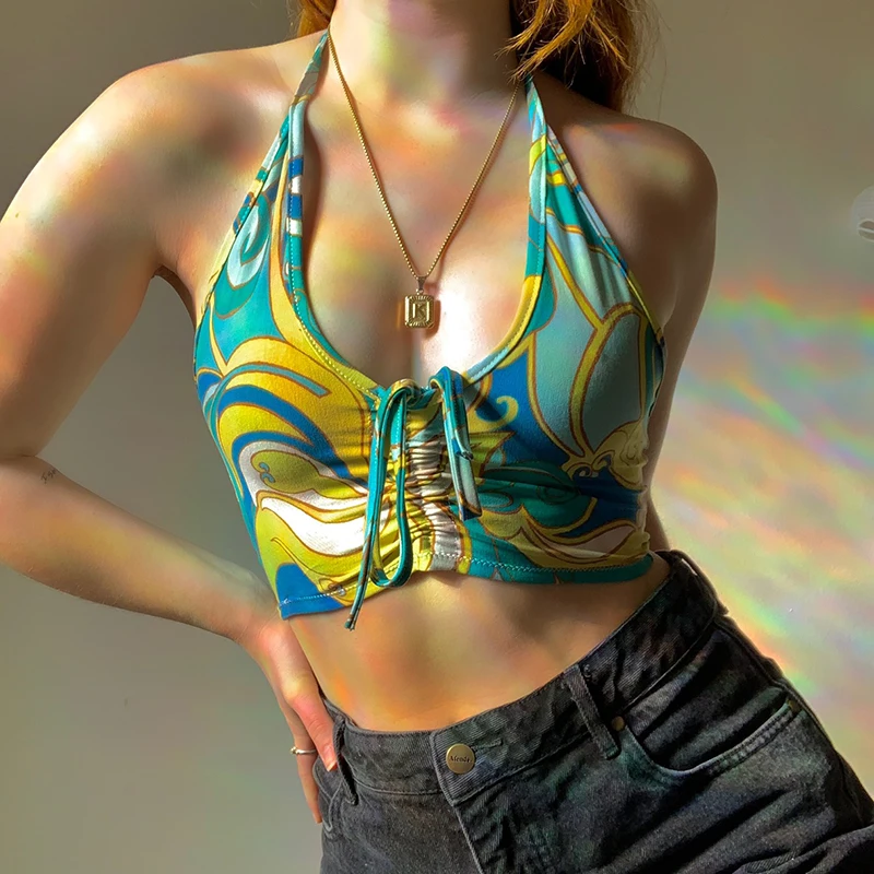 

FAKUNTN y2k Crop Top Printed Aesthetic Halter Top Ruched Tie Up Camis Women Vintage Sweats Beach Holiday Top Vests 90s