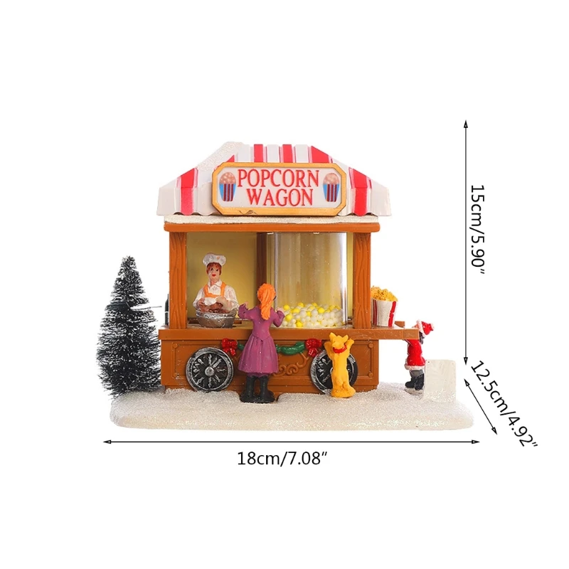 

Christmas LED Lighted House Resin Popcorn Wagon Ornament Musical Animated Dining Car Village Scene Xmas Party Decoration