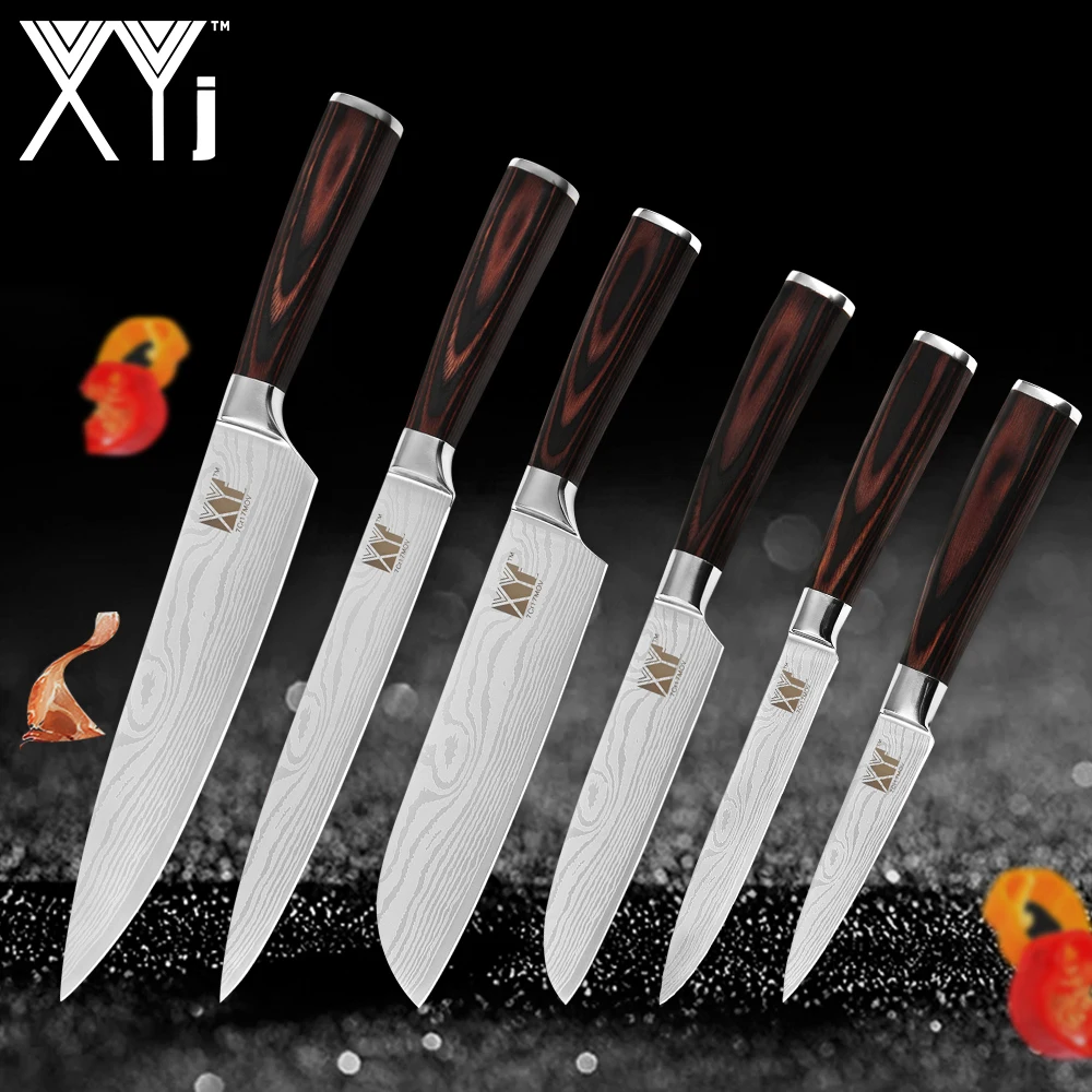 

XYj Pro 6pcs Knife Set Stainless Steel Laser Damascus Pattern Sharp Blade Japanese Chef Knives Slicing Cooking Cutting Tool Set