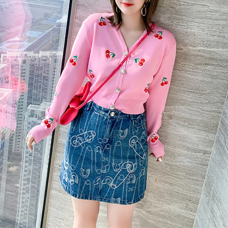 

Women Vintage Jackets Cardigans Autumn Spring Womens Cherries Embroidery Long Sleeve V-Neck Cropped Knitting Coat Knitwear