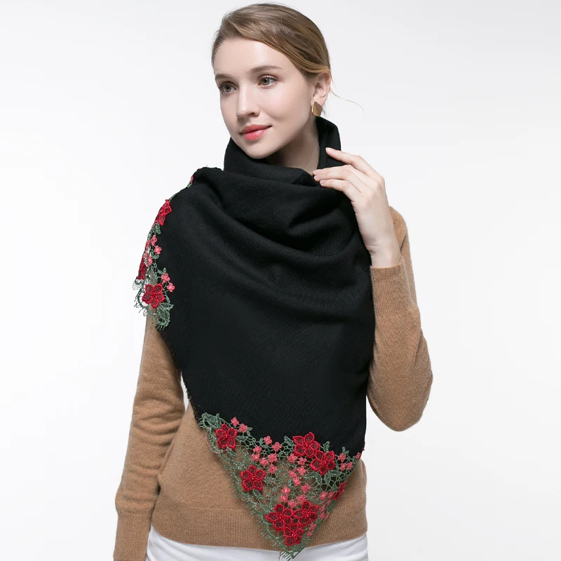 100% Wool Scarf Women Solid Black Bride Hollow Embroidery Warm Shawls and Wrap for Ladies Pashmina Bridesmaid Winter New Scarves |