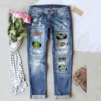 womens stitching ripped jeans fashion new patchwork graffiti print jeans blue mid waist patch ripped holes jeans women 6336