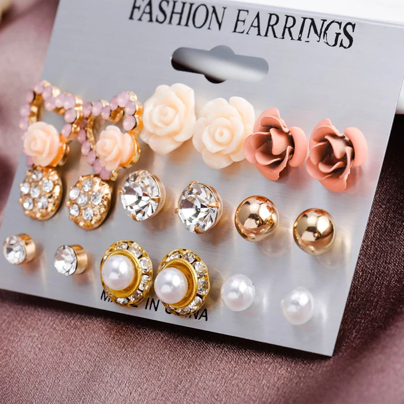 9 Pairs/Set Women's Crystal Pearl Flower Ear Earrings Elegant Jewelry Gift | Dangle