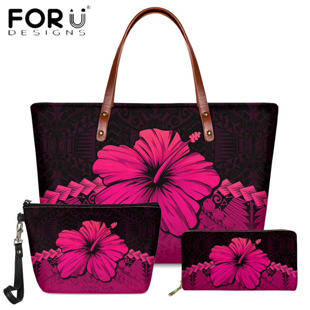 

FORUDESIGNS Women Luxury Handbag Set Hawaii Hibiscus Flower Printing Fashion Pu Makeup Bag Clutch Leather Purse Shoulder Bolsa