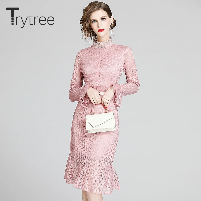 Весеннее женское платье Trytree 2020 Повседневное трапеция с воротником стойкой и