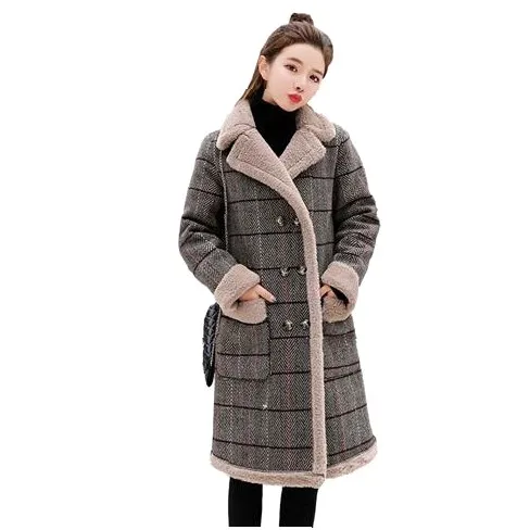 Женское зимнее осеннее длинное шерстяное пальто в клетку кашемировое теплая