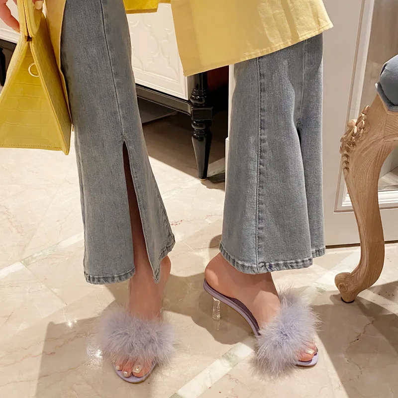 Меховая обувь Женские шлепанцы Роскошные на каблуке Шлепанцы желейные Летние