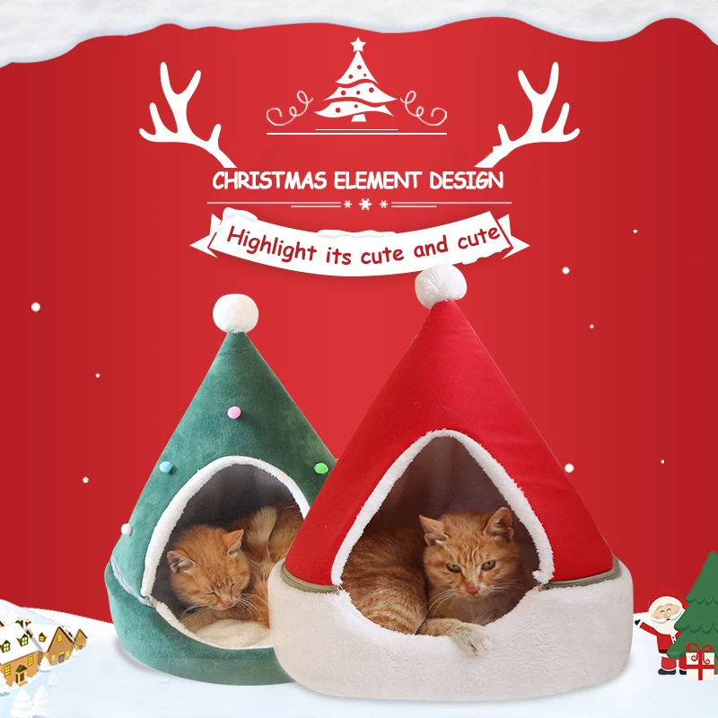 

Christmas Pet House For Cat Warm Nest Heated Mat Soft Comfortable Cats Bed Foldable Winter Kitty Plush Sleeping Beds Gifts