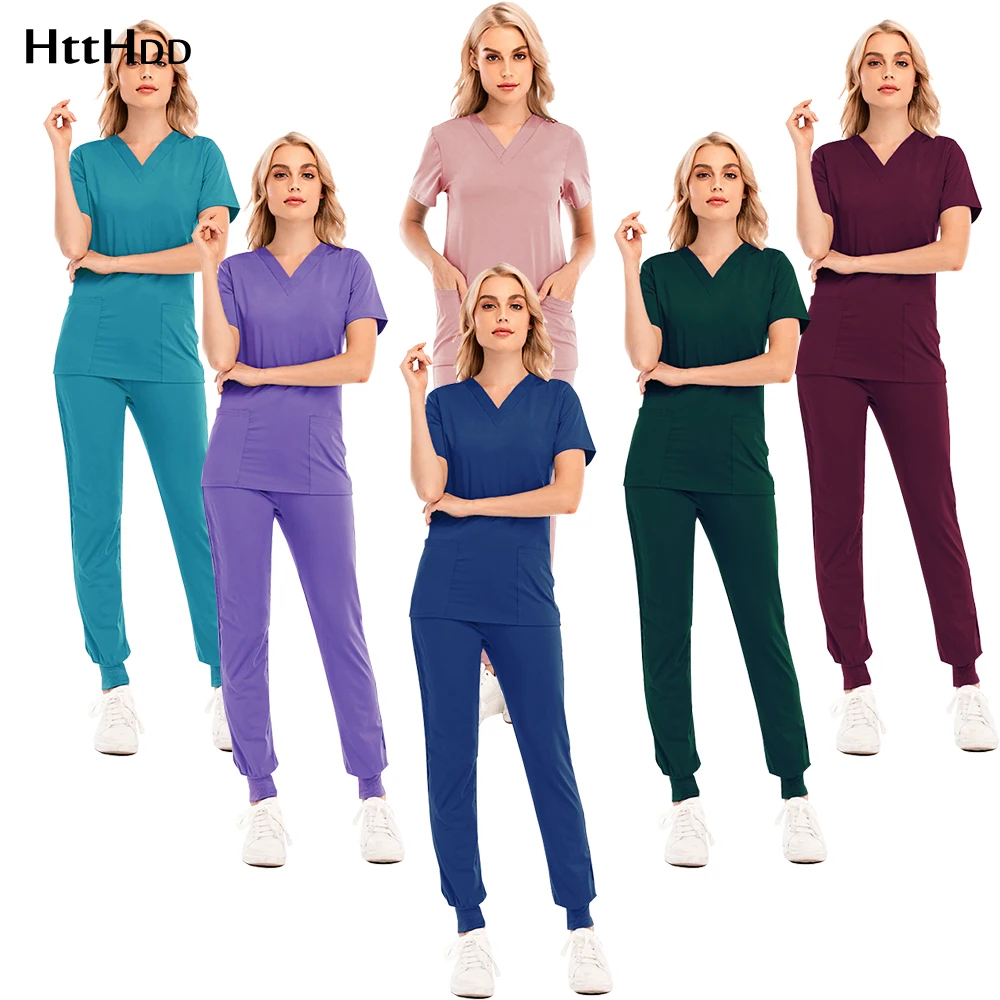 

Hospital Care Solid Color Nurse Medical Uniform Set Short Sleeve Scrubs Two-piece Doctor Work Clothes Pet Grooming Spa Enfermera
