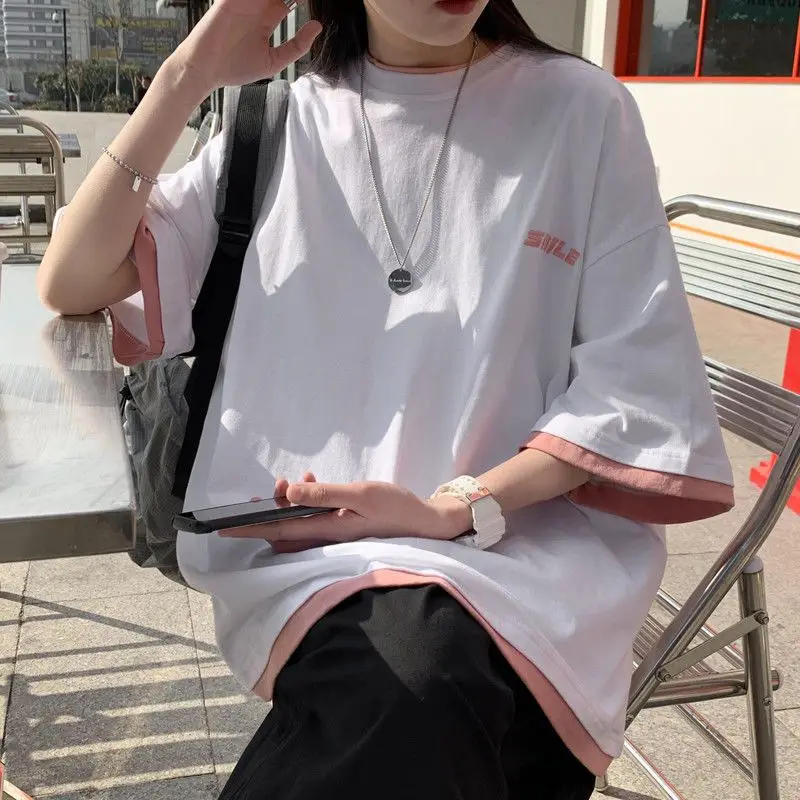 

Patchwork printed T-shirt female short-sleeved fake two-piece t-shirts 2021 summer Korean new o-neck loose half-sleeved clothes
