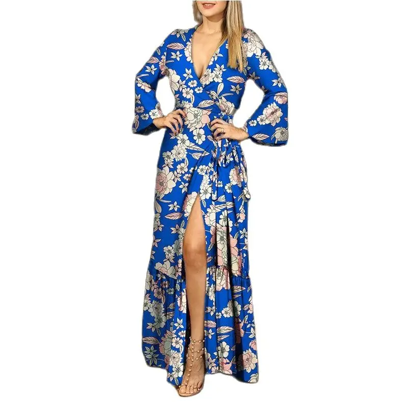 

Fashion Night Club Women Sexy Deep V-Neck Long Sleeve Maxi Dress For Autumn 2021 Ladies Lacing Printing Splice Sashes Dress New