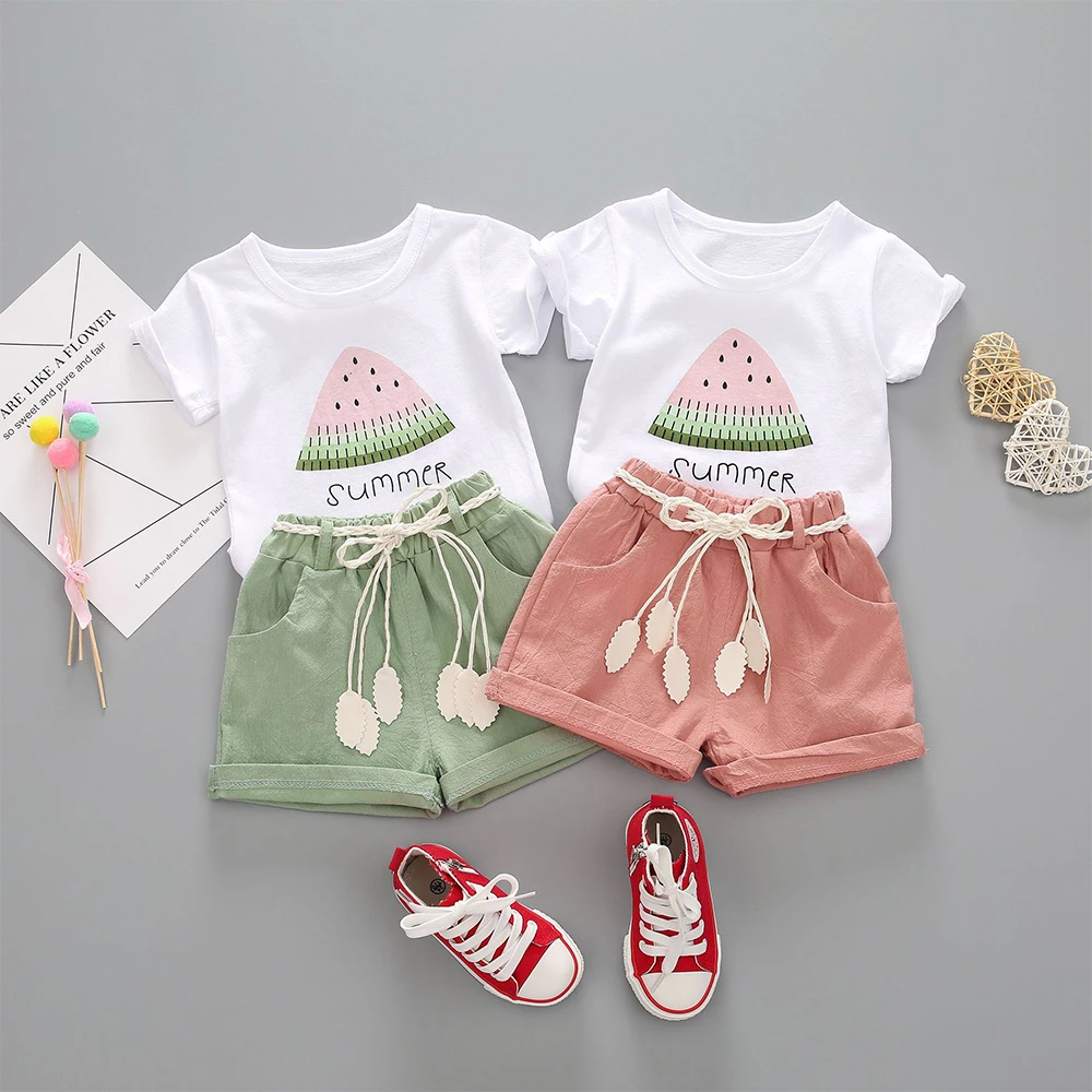 

2021 Hot sales Toddler Kids Baby Girls Outfits Clothes Print Watermelon T-Shirt Short Sleeve +Shorts Suits Sweet Set