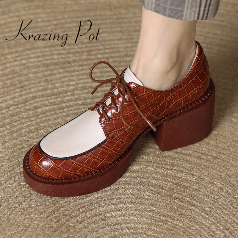 

krazing pot 2022 new arrival recommend big size genuine leather round toe high heels mixed colors England style women pumps L1f3