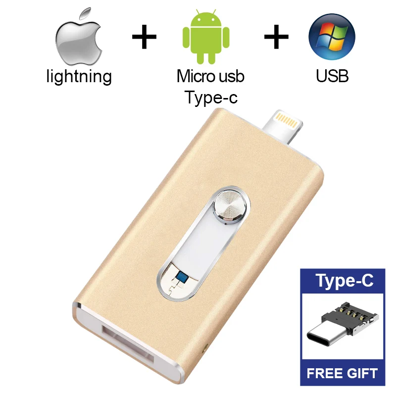 Бесплатный тип-C адаптер Флешка для iphone iPad OTG USB флэш-накопитель Android Micro Photostick USB 3,0 карта памяти 512 ГБ 256 ГБ 128 ГБ - Цвет: gold Type-C