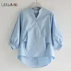 Женские топы и блузки, корейская мода, с рукавами-фонариками, асимметричные, однотонные, повседневные, с рукавом три четверти, для женщин