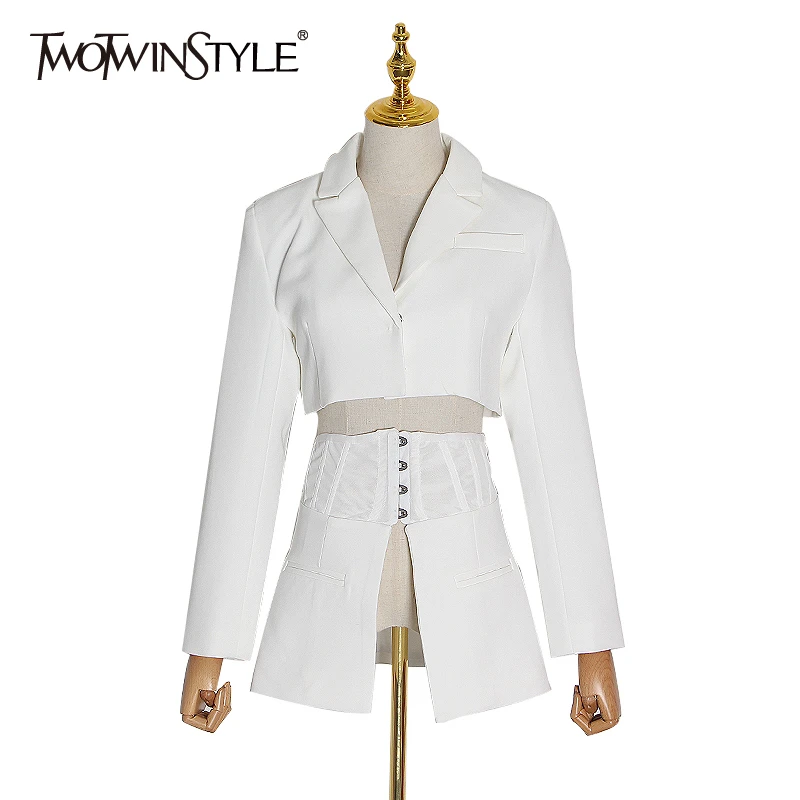 TWOTWINSTYLE белый лоскутный элегантный блейзер для женщин зубчатый длинный рукав