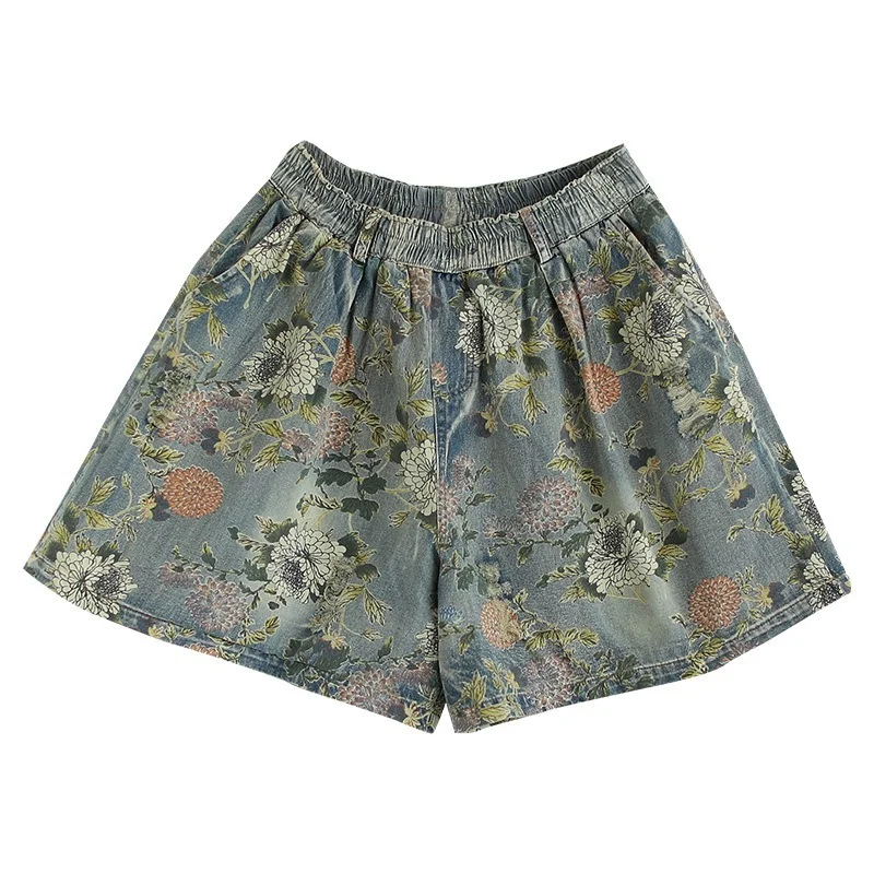 

Female High Waist Loose Denim Shorts with Pocket Summer Women Casual Shorts Vintage Floral Print Wide Leg Short Jeans Streetwear