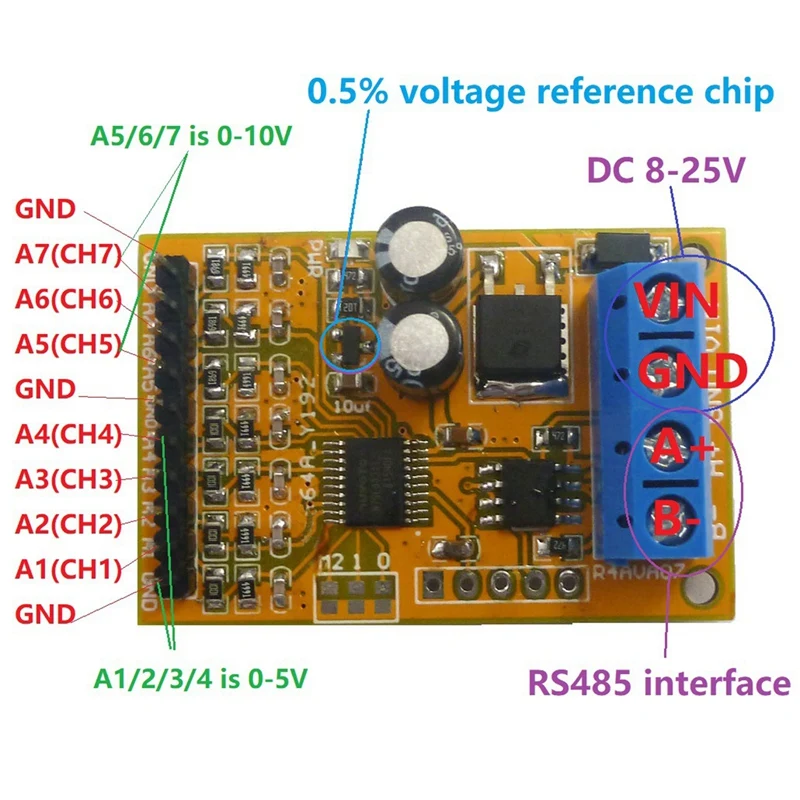 Аналоговый образец напряжения 5 В/10 в 7 каналов RS485 плата ModBus RTU для датчика ADC 0-20Ma