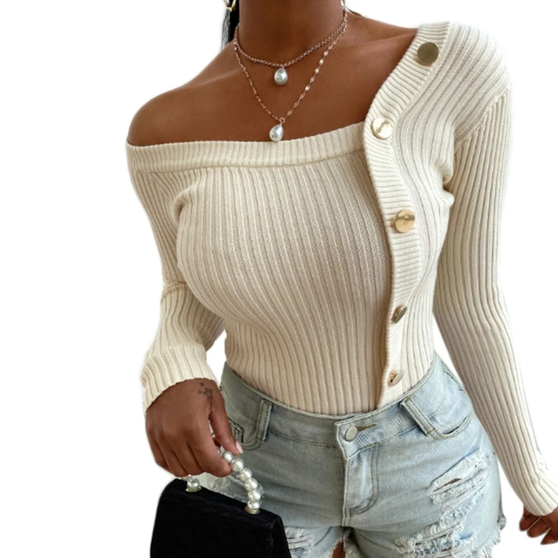 

Women Long Sleeve Ribbed Knit Sweater Irregular Button Sexy Bodycon Jumper Top M7DD