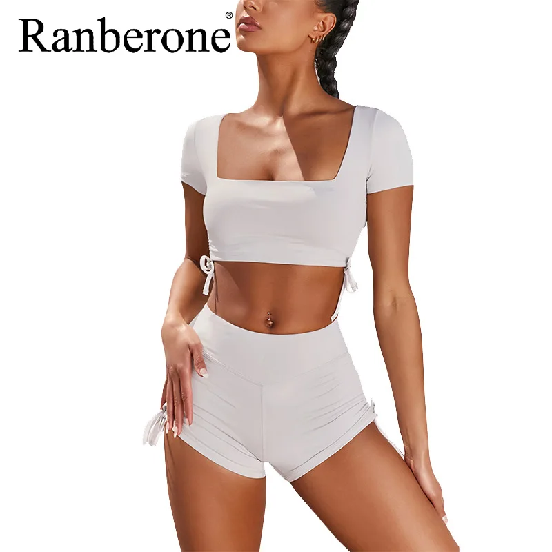 

Ranberone Quick Dry Women's Tracksuit Square Neck T-shirt + Sexy Drawstring Shorts Yoga Set Sport Suit Female Fitness Gym Clothe