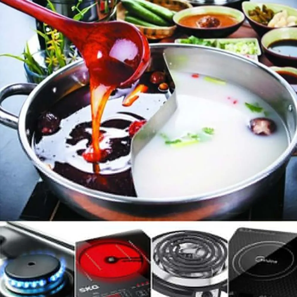 

28cm Hot Pot Twin Divided Stainless Steel 2 Lattice Cookware Hot Pot Ruled Compatible Soup Cooking Pots Home Kitchen Cookware