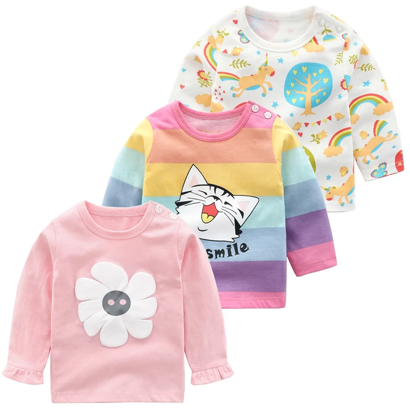 100% хлопок футболки с длинным рукавом для маленьких девочек Повседневные детские