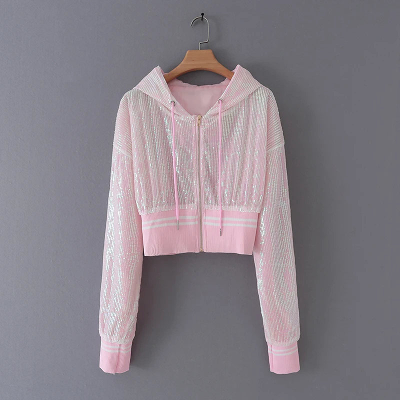 Куртка женская с капюшоном и блестками приталенный короткий пиджак длинным