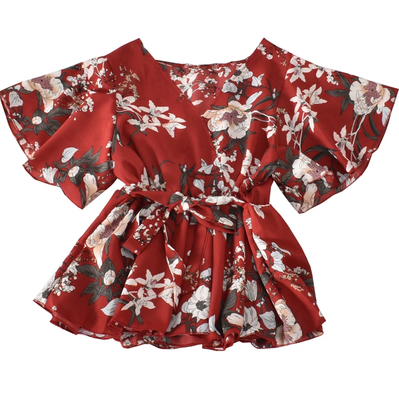 

Floral short sleeve shirt women's 2020 summer new Korean sweet loose versatile lace up waist V-neck shirt