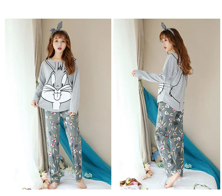 

Two Piece Set Winter Pajamas Pink Bugs Bunny Printing Indoor Clothing Home Suit Sleepwear Woman Pijama Mujer Femme