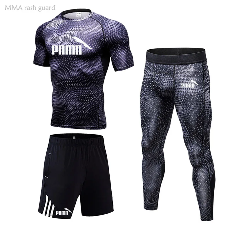 

Workout suit Men Running Top Short sleeve Sport leggings 3-piece Set Sportsman Wear Suit rashgard male Compression Fitness MMA