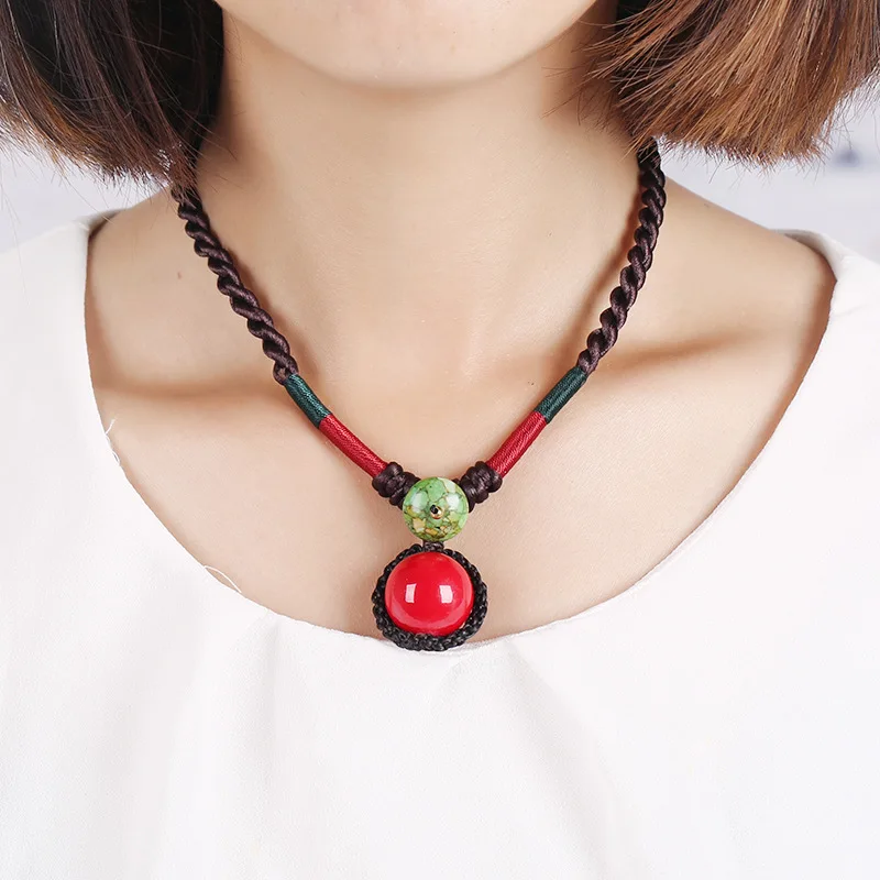 

Original National Style Hand-Woven Ancient Incense Silver Buckle Red Ball Women's Necklace Vintage Women Divino Nieno Jesus