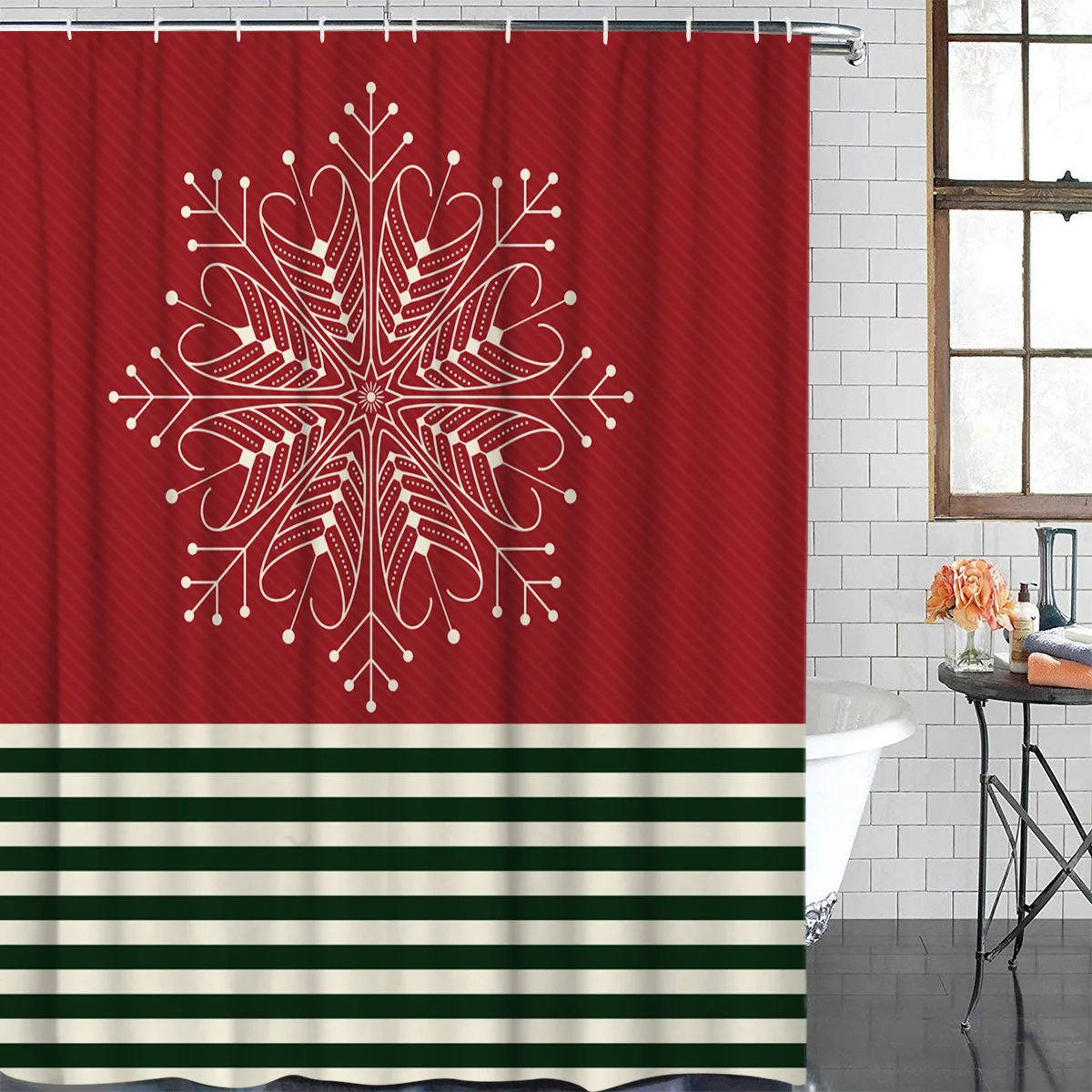 Комплект ванной комнаты с красными снежинками и зелеными полосами - тканевые аксессуары для душевой занавески для детей.